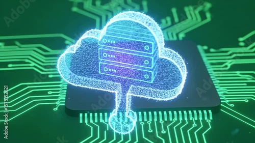Digital cloud storage concept with glowing servers on a circuit board, symbolizing technology evolution