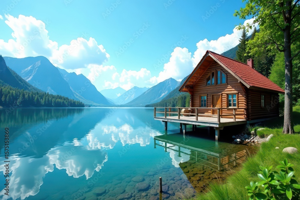 Fototapeta premium Charming lakeside cabin, vibrant blue sky backdrop , summer, image, idyllic