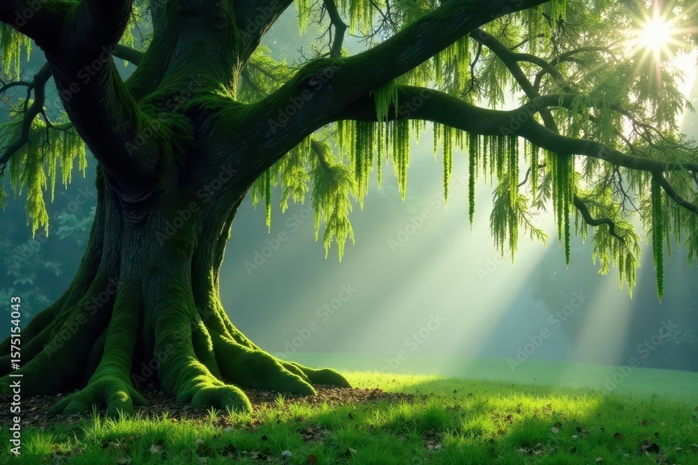 Naklejka premium Lush Spanish moss cascade on gnarled oak, misty morning, spanish moss, morning, quiet