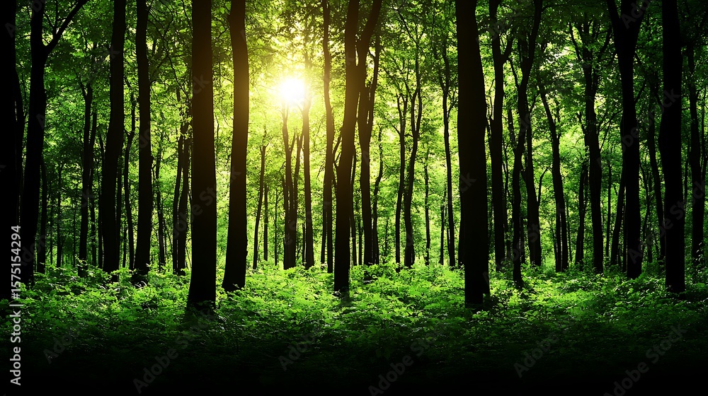 Naklejka premium The beauty of a spring forest in the morning, with sunlight piercing through the misty air and casting beams across the trees.