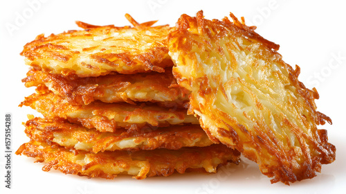 Crispy thin draniki potato pancakes stacked in a pile with one piece tilted forward to reveal texture, isolated on a white background.