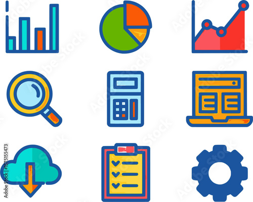 Flat vector icons of data analytics tools including graphs, charts, magnifying glass, cloud, gears, and computer screen.