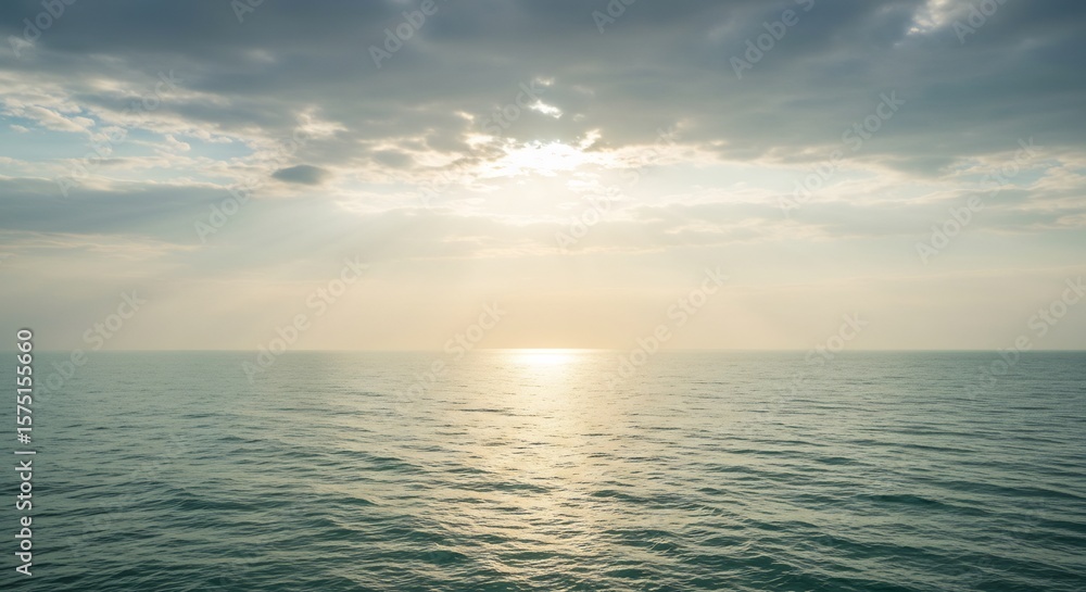 Obraz premium Serene ocean sunset glows softly with warm light beams piercing hazy clouds. AI Generated
