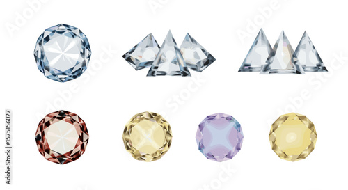 Collection of various cut gemstones including oval and triangular shapes in different colors and clarity
