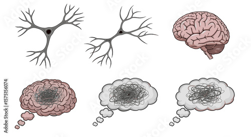 Illustration showing neurons brain and thought bubbles filled with tangled lines on white background