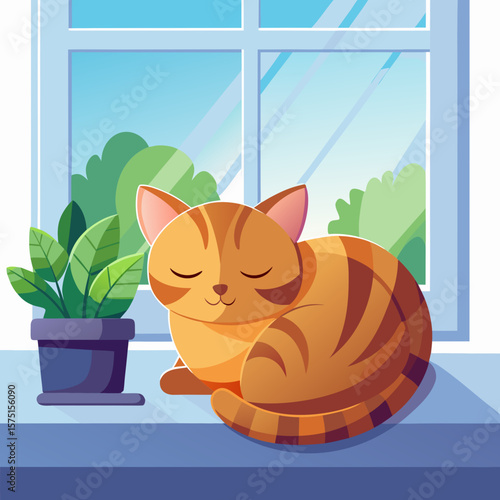 A charming cartoon illustration of a sleeping orange tabby cat curled up on a windowsill next to a potted plant, with a view of green foliage and a blue sky through the window.