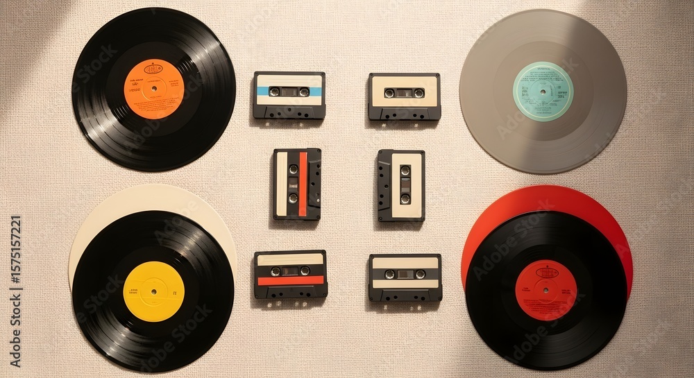 Obraz premium Retro Music Collection Vinyl Records and Cassette Tapes