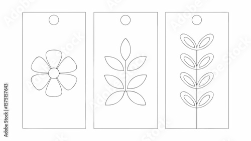 Minimalist floral and foliage gift tag templates with simple black line art designs