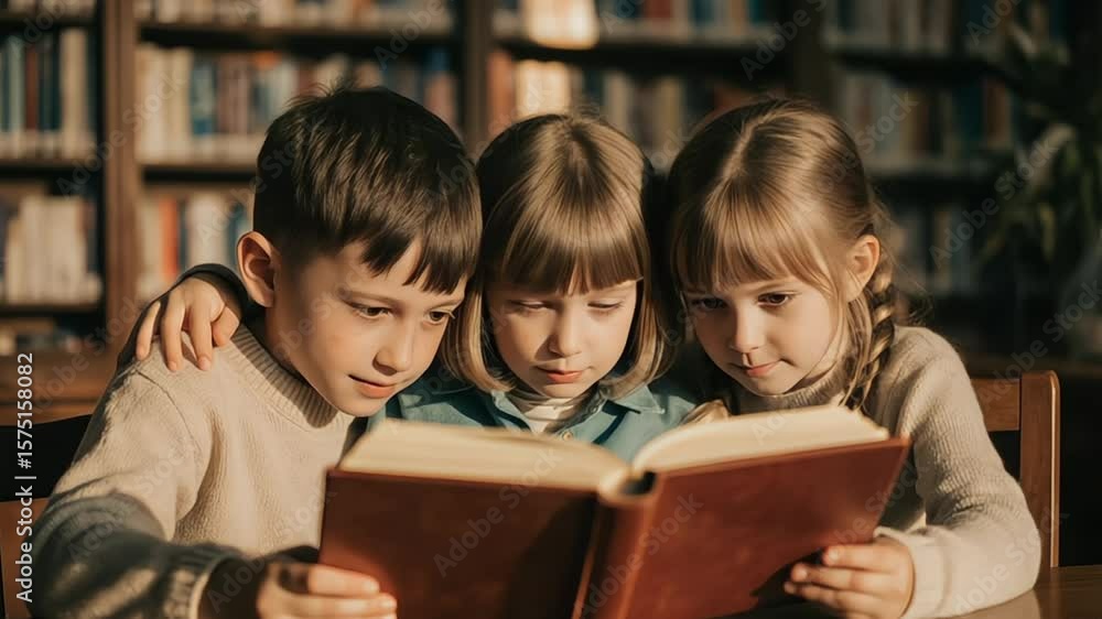 Three young children reading a book together in a library setting Three young children reading a book together in a library setting