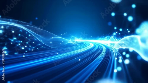 Glowing blue streaks flow upward creating a futuristic abstract road into a digital world