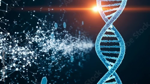 A 3d rendering of a dna helix and molecular network against a dark background, symbolizing genetic research and advancements in biotechnology
