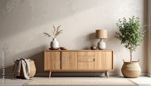 Natural modern room featuring low wooden cabinet with minimal decor: single pottery piece and linen cloth, placed against textured plaster wall