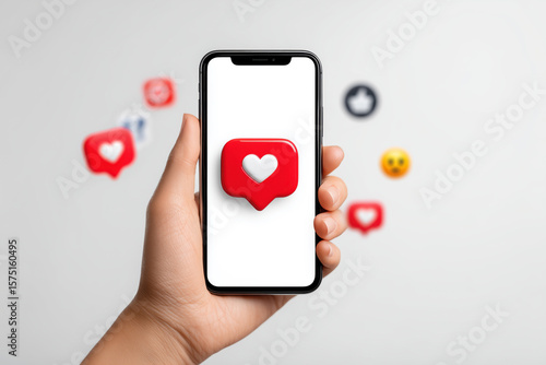 Hand holding a smartphone with a social media like icon on the screen, surrounded by floating emoji reactions representing online communication and engagement