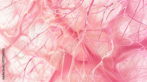 Microscopic view of connective tissue showing cells embedded in an extracellular matrix with fibers (collagen, elastic), highlighting its role in support, structure, and connection of body tissues