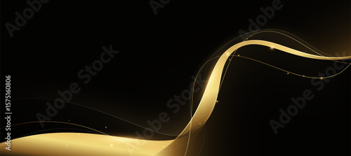 Abstract Golden Glow Curve Lines on Black Background with Luxury Light Effect