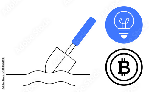 Shovel digging into soil, blue lightbulb, and Bitcoin icon. Ideal for themes of innovation, cryptocurrency, mining, technology, investment, blockchain sustainable growth and simple landing page