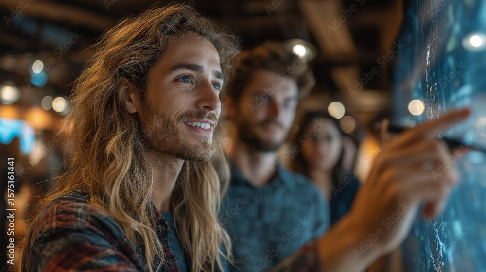 Obraz premium Tech-Savvy Group: A diverse group of individuals clusters around an interactive screen, captivated by its content. The image showcases a blend of technology, engagement.