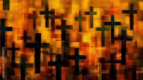 Abstract background featuring Calvary crosses in golden yellow artistic interpretation 4K Seamless loop animation