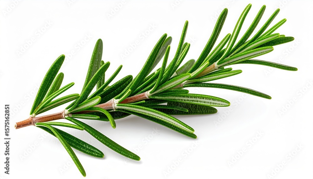 Fototapeta premium Fresh Rosemary Sprig on White Background Close up view of vibrant green rosemary leaves and stem