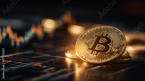 Bitcoin Close-Up on Graph: A gleaming bitcoin rests atop a financial chart, symbolizing the dynamic world of cryptocurrency and investment in this photorealistic still life.