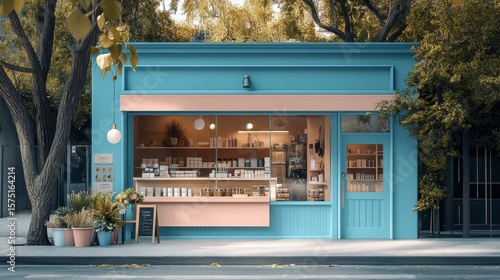 Fototapeta Naklejka Na Ścianę i Meble -  Storefront of pet store in green pastel