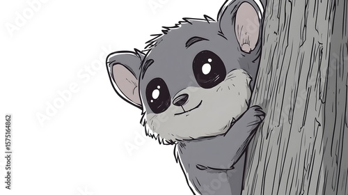 Adorable Cartoon Lemur Hiding Behind Tree Trunk