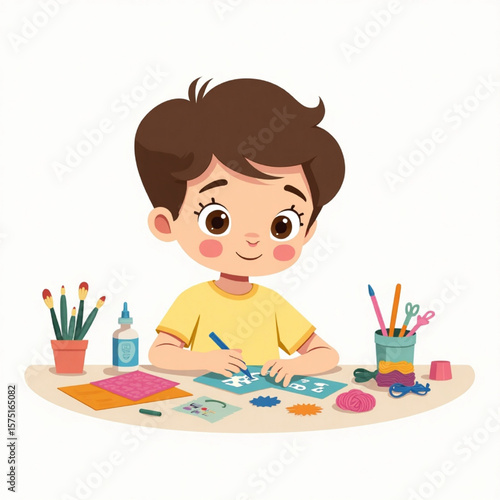 Happy boy engrossed in a creative art project, surrounded by colorful craft supplies.