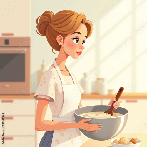 A cheerful woman bakes in her bright kitchen, carefully stirring ingredients in a large bowl.