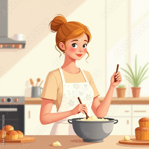 Young woman happily baking in a bright kitchen, mixing ingredients in a bowl, surrounded by baked goods.