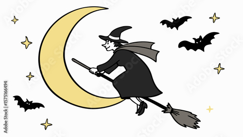 Halloween witch flying on broomstick with moon and bats vector illustration spooky night scene design