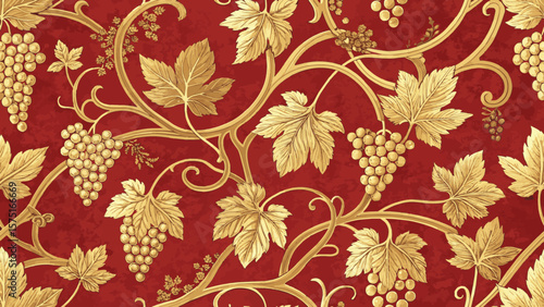 Seamless Thai pattern with gold and vines on a bright red background. Suitable for printing on fabric or wallpaper.