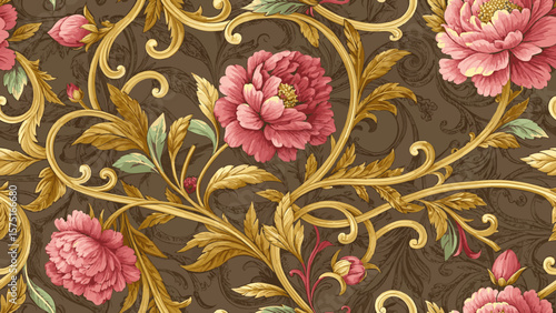 Seamless pattern of golden vines and peony flowers on a brown background for printing on fabric or wallpaper.