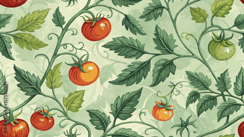Vector illustration of seamless pattern. Fresh green tomato leaves vine pattern. tomato fruits. Pastel green background.