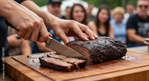 Close-up of a risket being cut on a wooden cutting board, background blurred with people