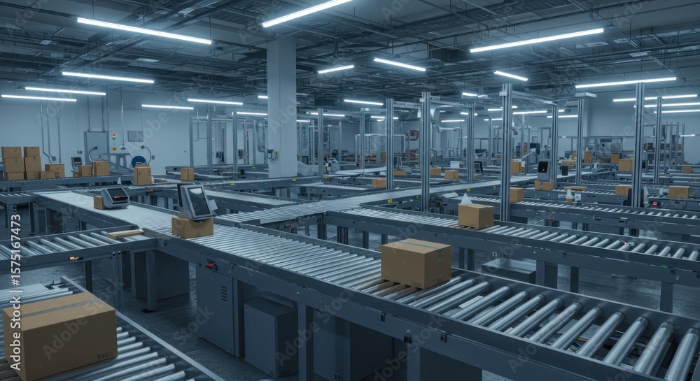 Automated sorting center showcasing modern logistics and efficient package handling with intricate Automated sorting center showcasing modern logistics and efficient package handling with intricate