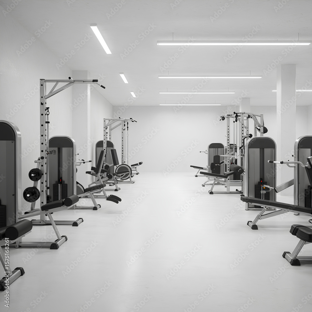 Fototapeta premium Modern empty gym with fitness equipment in a clean white minimalist interior