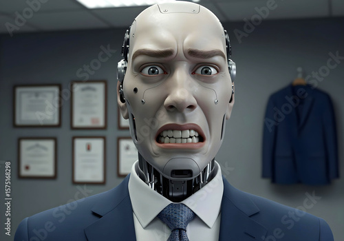 Office robot panic meme: smiling metal executive then terrified android in suit