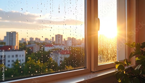 City sunset through rain-streaked window