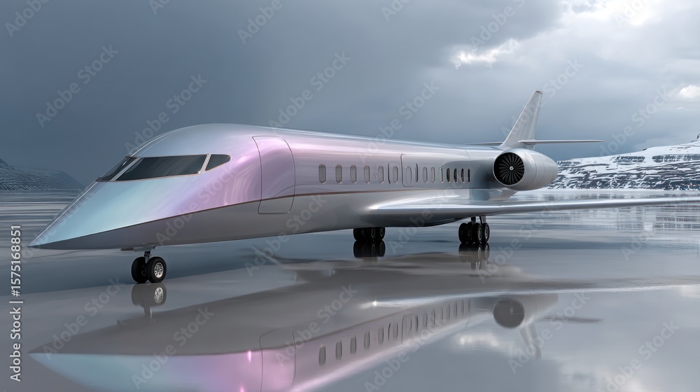 Fototapeta premium Sleek, iridescent private jet on a reflective surface, against a stormy mountain backdrop