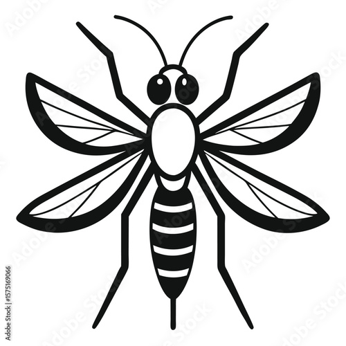 Stylized black and white illustration of a mosquito with large eyes and wings