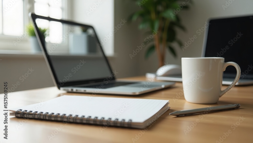 Fototapeta premium Professional Workspace with Laptop Coffee, office desk with laptop ,coffee and laptop