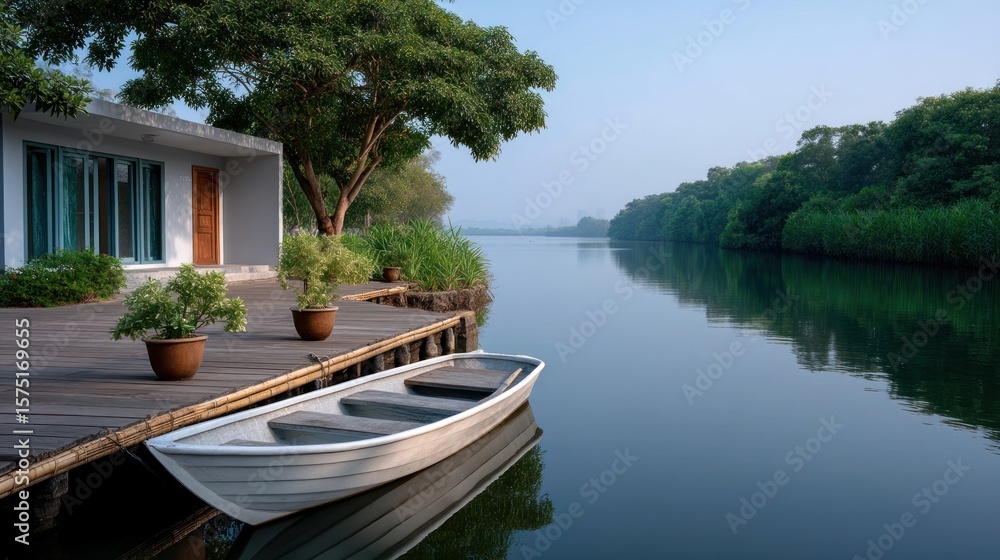 Naklejka premium Tranquil waterfront house with small boat