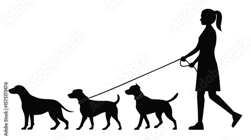 Woman Walking three Dogs – Dog Walker Silhouette Illustration