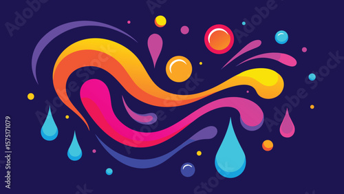 Abstract composition of vibrant colorful shapes and gradients on a deep blue background