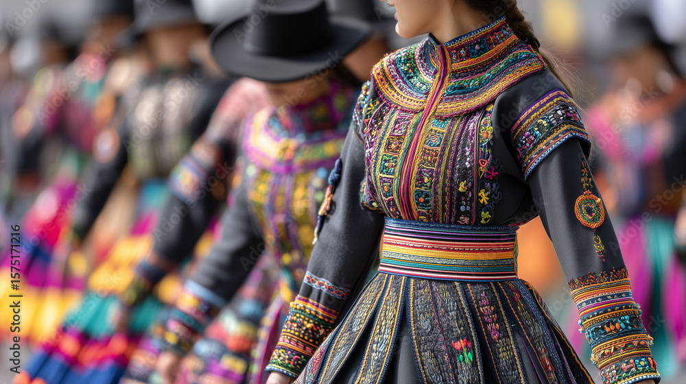 Fototapeta premium Close-Up of Women Wearing Intricately Embroidered Traditional Dresses During Festival del Yamor Cultural Street Parade in Ecuador