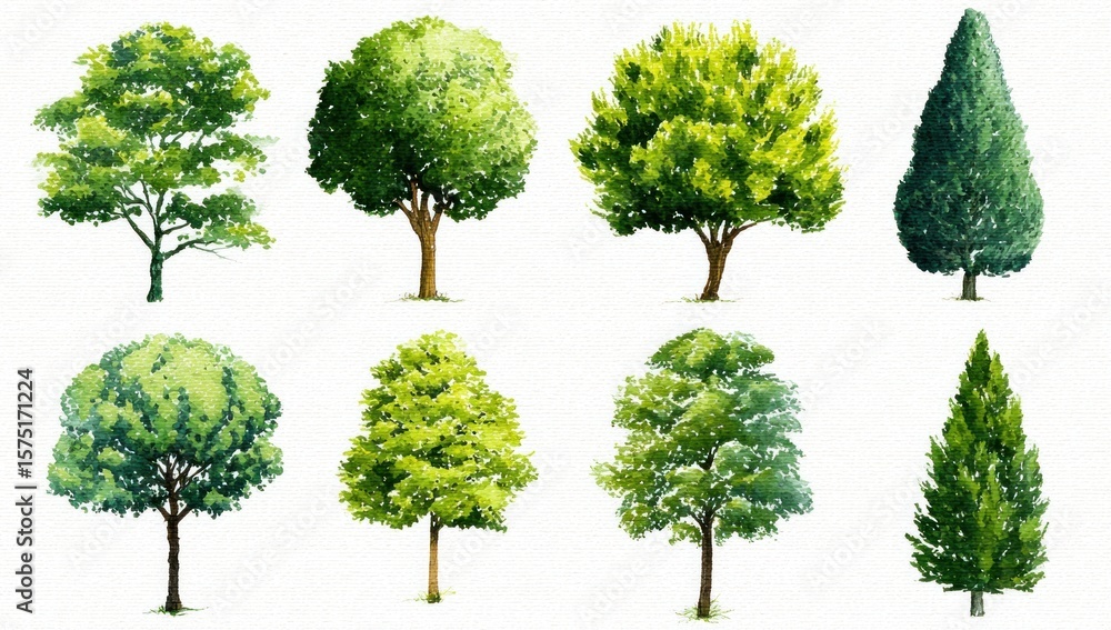 Fototapeta premium Nine stylized trees in various shapes and shades of green