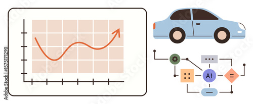 Graph with upward trend linked to AI diagrams and a car, symbolizing innovation, technology, and progress. Ideal for AI, automation, transportation, analytics, mobility machine learning