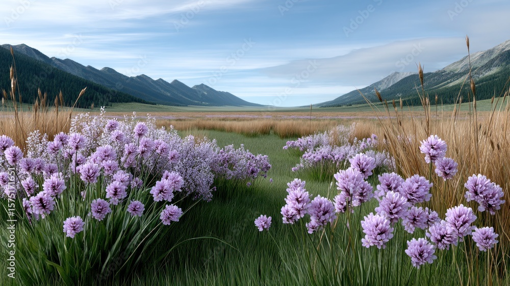 Fototapeta premium Mountain valley vista, wildflowers in foreground