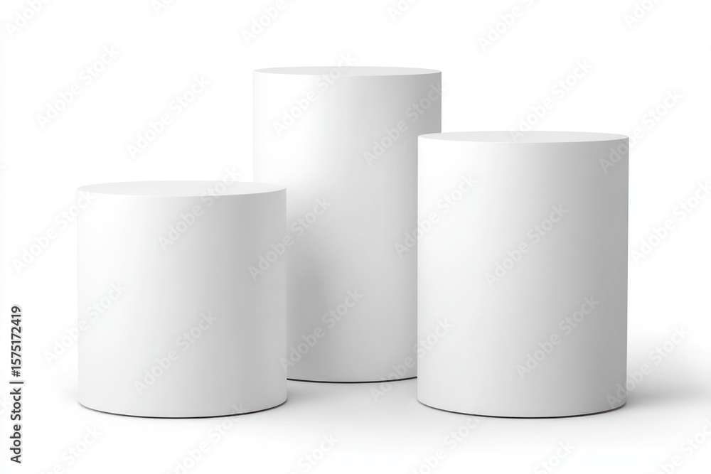 Three white cylindrical pedestals on a white background Three white cylindrical pedestals on a white background