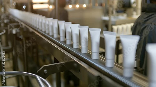 Close-up of neatly aligned white cream tubes on a conveyor belt